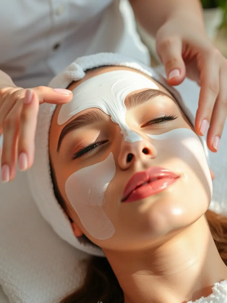 A close-up shot of a beautician's hands carefully applying a facial mask to a client in a serene and hygienic environment.