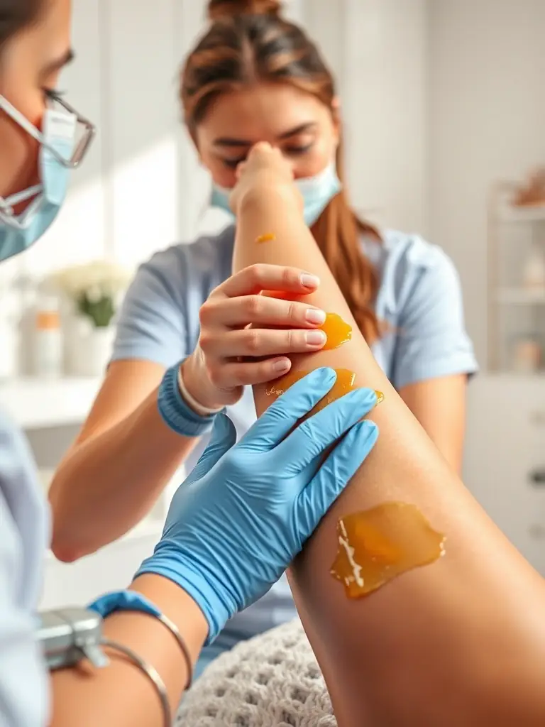 A close-up shot of a beautician applying wax to a client's leg in a clean and professional setting at Dubai Beauty Salon, showcasing the salon's waxing services.