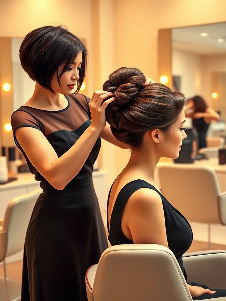 A stylist creating an elegant updo for a bride at Dubai Beauty Salon, showcasing the salon's bridal grooming services.