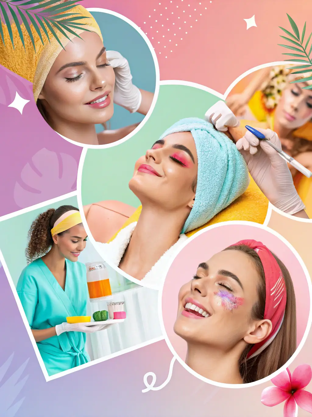 A collage showcasing various beauty treatments offered at Dubai Beauty Salon, including hairstyling, facials, and bridal makeup.