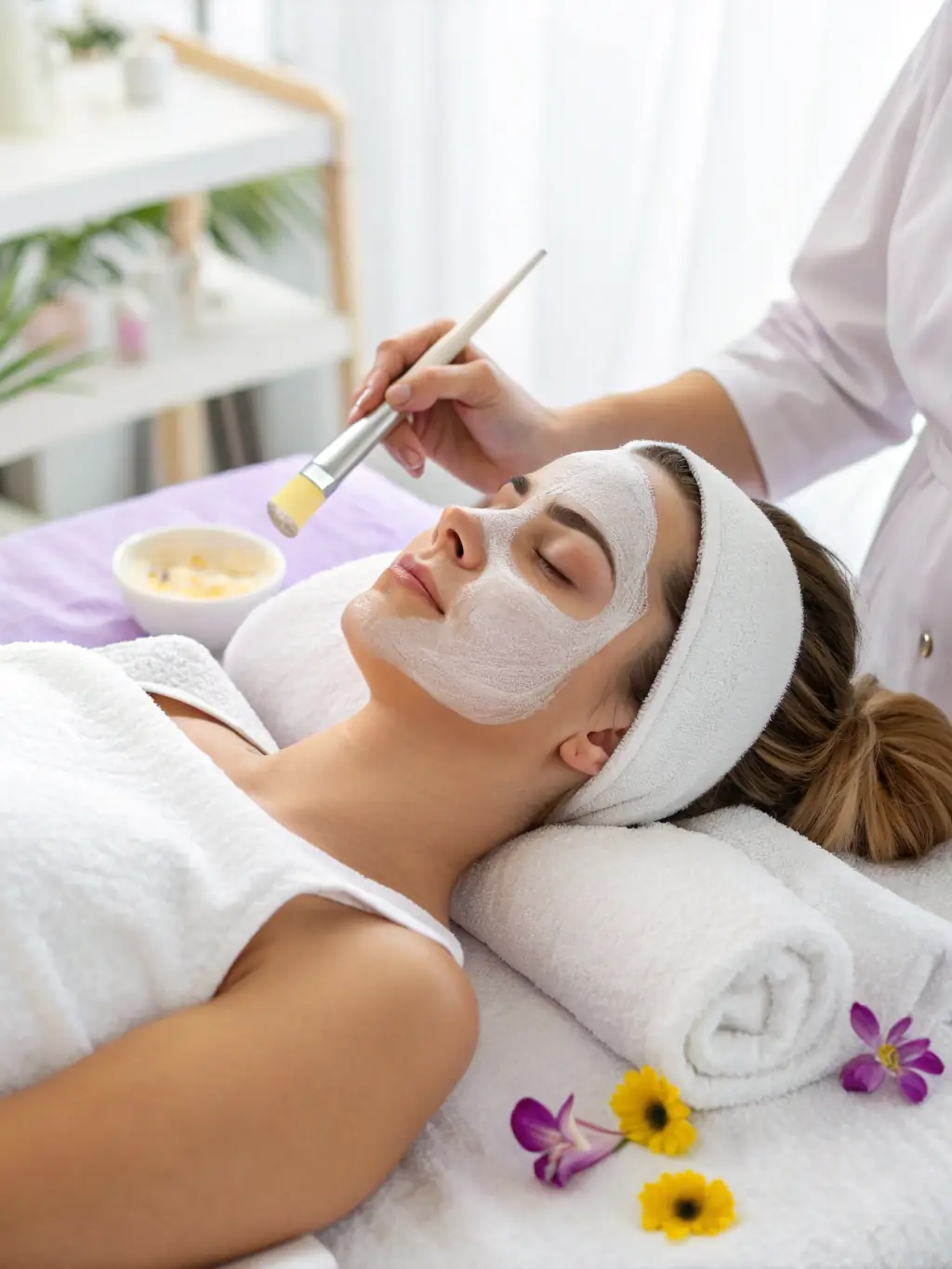 A client relaxing during a facial treatment at Dubai Beauty Salon, with soft lighting and a serene atmosphere, highlighting the salon's facial services.