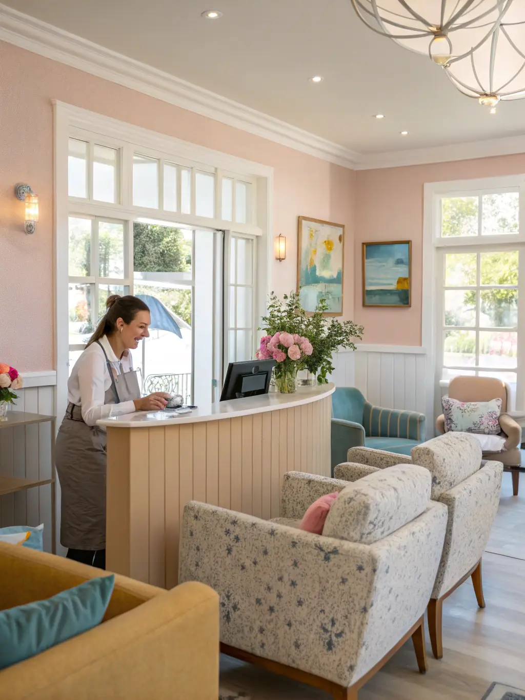 A welcoming image of the salon's reception area, showing a client being greeted warmly, with a sign indicating walk-ins are welcome.