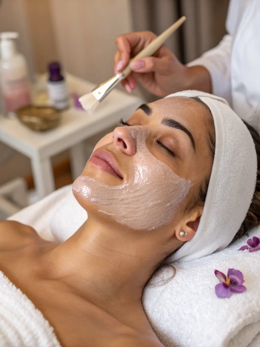 A close-up shot of a beautician's hands expertly performing a facial treatment, highlighting their skill and precision.