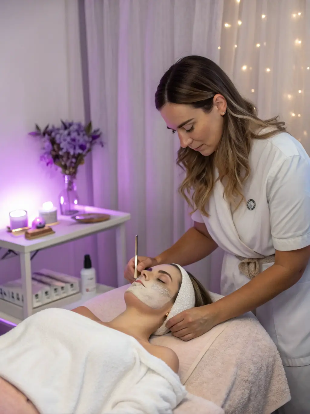 A student performing a facial treatment on a client under the supervision of an instructor at Dubai Beauty Salon, emphasizing the practical experience gained.