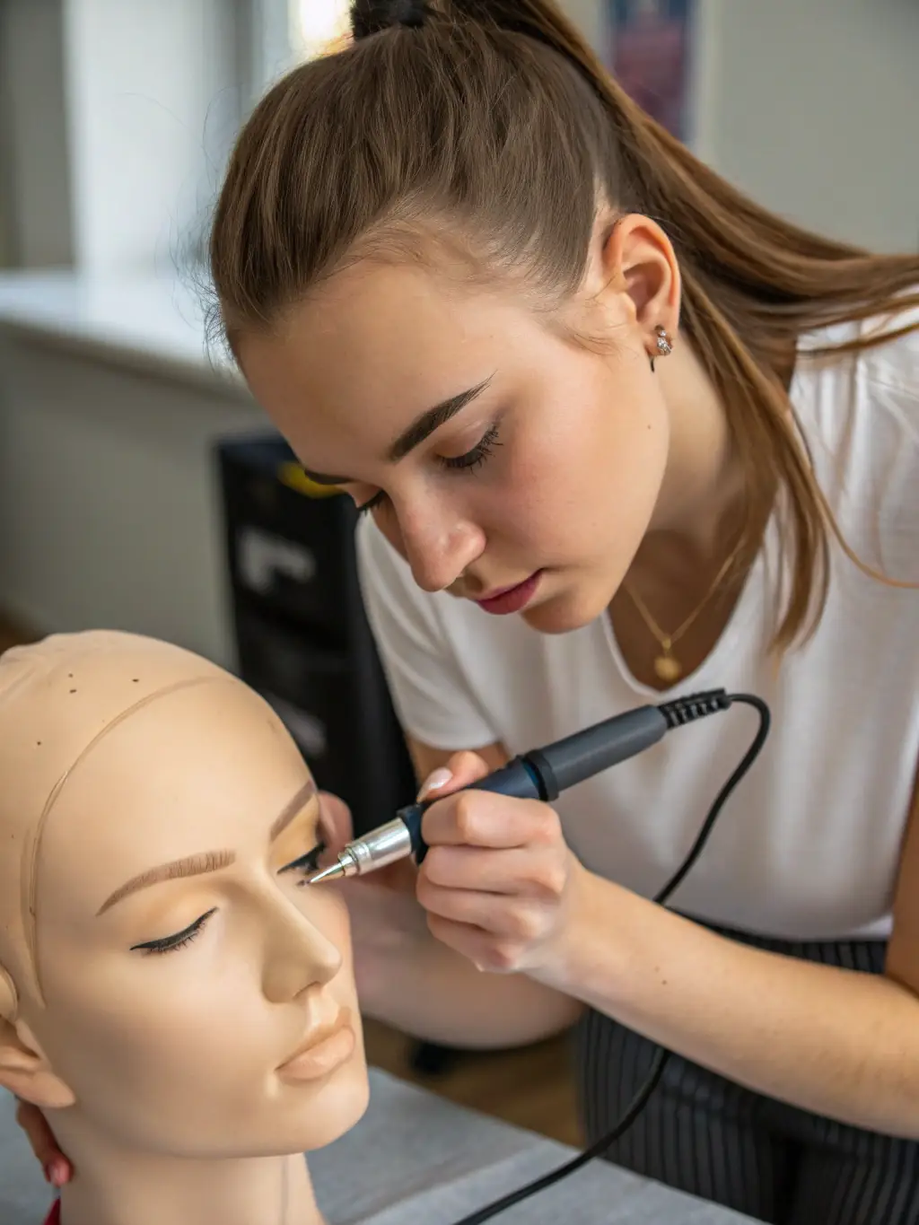 A close-up shot of a student practicing eyebrow threading on a mannequin head in a well-lit classroom at Dubai Beauty Salon, showcasing the precision and skill involved in the course.