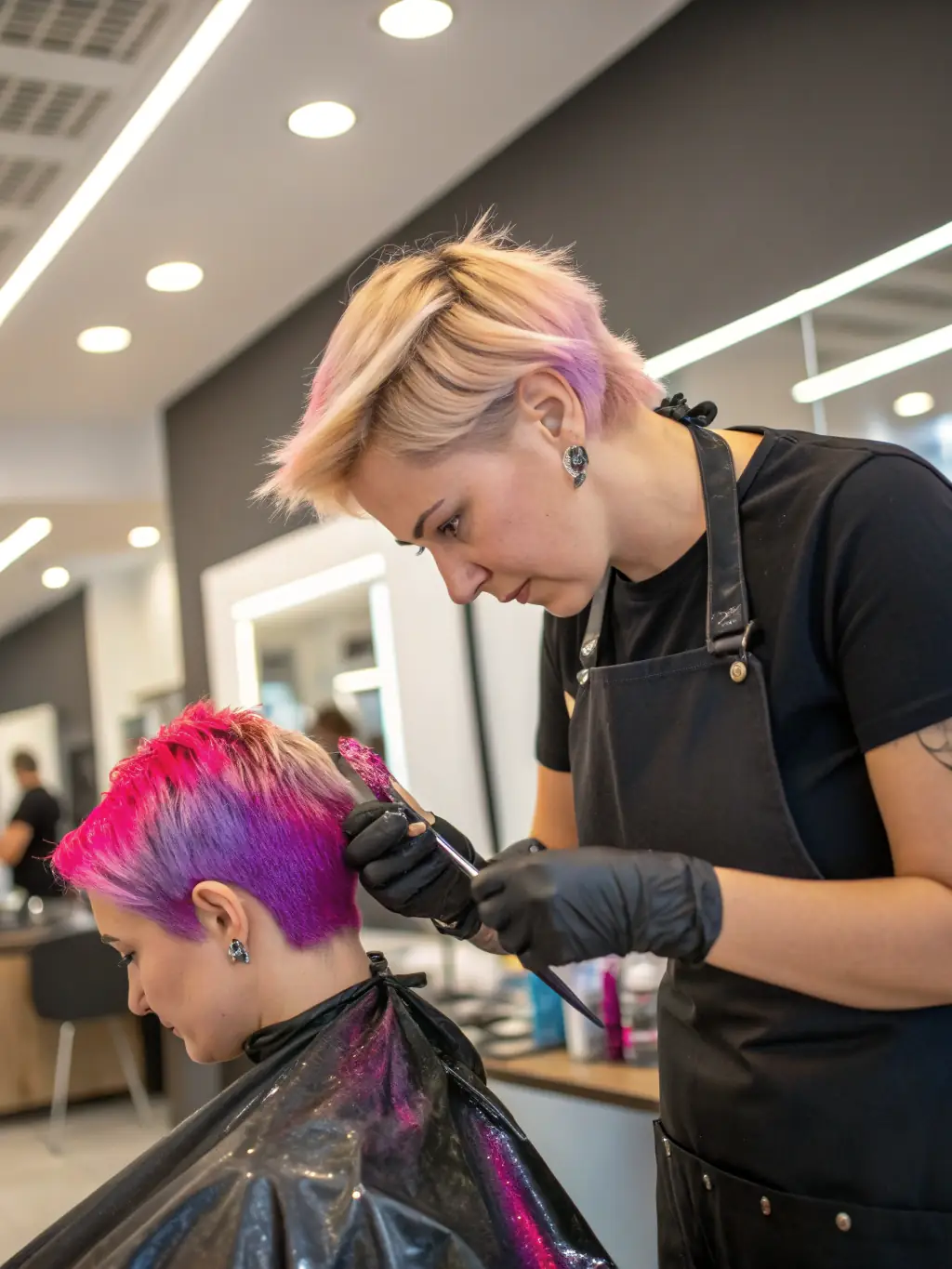 A student learning hair coloring techniques on a mannequin head, with various hair dyes and tools displayed around, in a Dubai Beauty Salon training session.